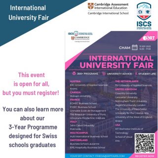 Everyone is invited to the International University Fair to be held on 13th September 2022 in Cham. You will also have an opportunity to talk to us about our Fast Track programmes, especially designed for students in the local Swiss system or Middle Years IB. 

We are looking forward to meeting you at the fair!

#internationaleducation #zug #zucity #cham #hünenberg #walchwill #baar #ägeri #unterägeri #expatsinswitzerland #expatsinzug #britishschool #zugcity #inlovewithzug #britsinzug #britishschool #myswitzerland #switzerland